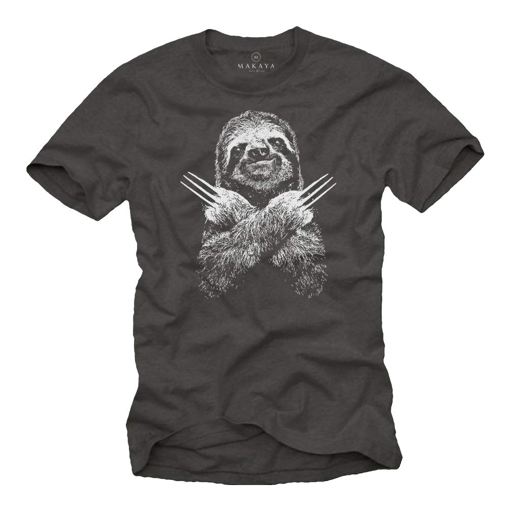 MAKAYA Lustige T-Shirts für Männer - Faultier Sloth - Kurzarm Rundhals Grau Geschenke Jungen/Kinder/Jungs/Herren Größe L