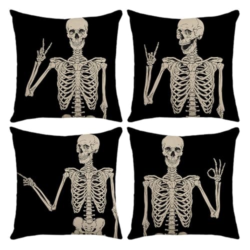 Osdhezcn Kissenbezug Polyesterfaser Skelett Posiert Halloween Kissenbezüge 45 X 45 cm Für Zuhause Sofa 4 Stück