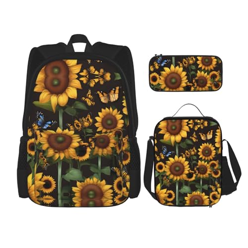 WURTON Sunflower Floral Butterflies Art Print Lunch Box Pencil Case Backpack Set 3 Pieces Adjustable Straps Durable Lightweight, Schwarz, One Size