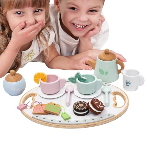 Teeparty-Set aus Holz, Teeservice für Mädchen, Nachmittagstee-Set aus Holz, Spielzeug, Spielnahrungsset aus Holz für kleine Mädchen und Jungen, Rollenspielzubehör zum Erlernen von