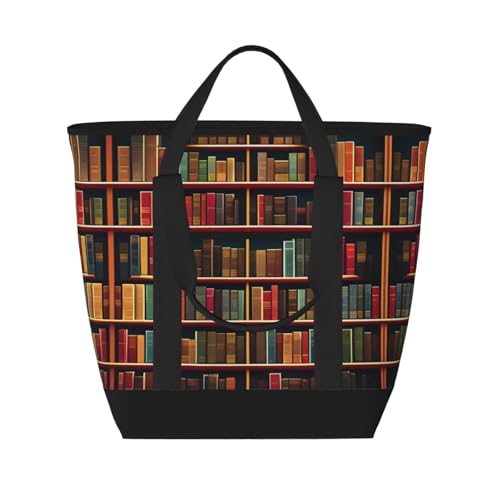 YQxwJL Isolierte Kühltasche mit Bücherregal-Bücherdruck, großes Fassungsvermögen, Einkaufstasche, Reisetasche, Strand, wiederverwendbare Einkaufstasche für Erwachsene, Schwarz, Einheitsgröße, Schwarz