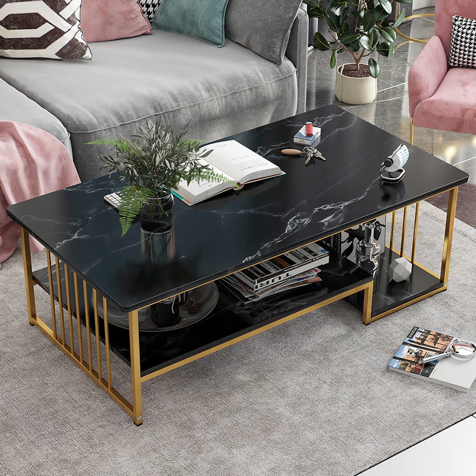 Weißer Couchtisch mit Stauraum, 99 cm große rechteckige Sofatische mit offener Ablage für Wohnzimmer, Mitteltisch, Couchtisch mit Marmor-Finish und Metallrahmen für Wohnzimmer, Esszimmer, Heimbüro-Dek