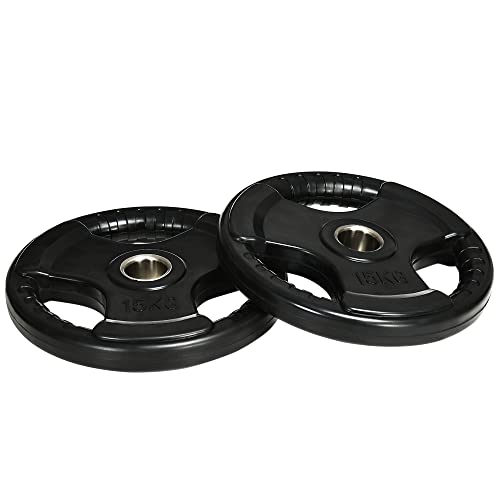 SPORTNOW Hantelscheiben 2er-Set, Tri-Grip 2 x 15 KG gummierte Olympiascheiben, bodenschonender Gewichtsscheiben mit 5 cm Bohrung, drei Griffen, für Gewichtheben, Krafttraining