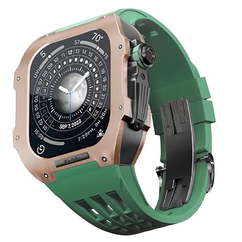 KANUZ Uhren-Modifikationsset für Apple Watch 6 5 4 SE 44 mm Titangehäuse + Viton-Armband, Luxusgehäuse und Armbandmodifikationsset (Farbe: Grün 2, Größe: 44 mm)