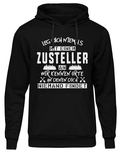 UGLYSHIRT Leg Dich Niemals mit einem Zusteller an Herren Kapuzenpullover | Kurier Hoodie Post Paketzusteller Pullover Kurierfahrer Arbeit Beruf Sprüche | Schwarz (L)