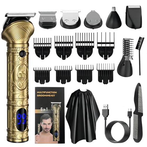 Roziapro Professionelle Herren-Haarschneidemaschine, 6-in-1, Haarschneidemaschine, Fellpflege-Set, kabelloser Bartschneider für Männer, wiederaufladbar über USB, LED-Display (Gold)