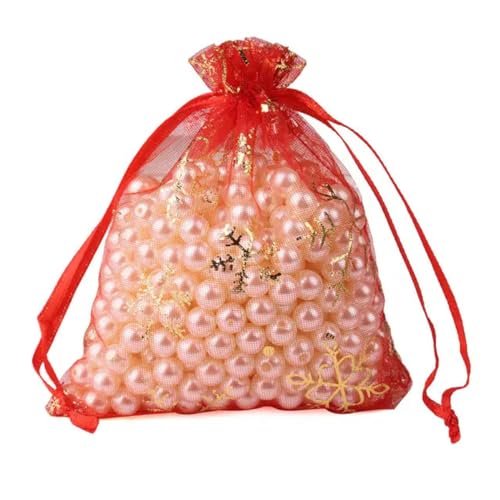 50/100 Stück weiß-rote Organza-Schneeflocken-Geschenktüten 7 x 9/9 x 12/10 x 15/13 x 18 cm, Hochzeit, Weihnachten, Party, Süßigkeiten, Schmuck, Verpackung, Beutel, 4 rote Schneeflocken, 13 x 18 cm,