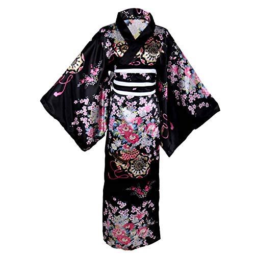 Damen Kimono Kostüm Erwachsene Japanische Geisha Yukata Sweet Floral Patten Gown Blossom Satin Bademantel Nachtwäsche mit OBI Gürtel, 30 lang schwarz, Large