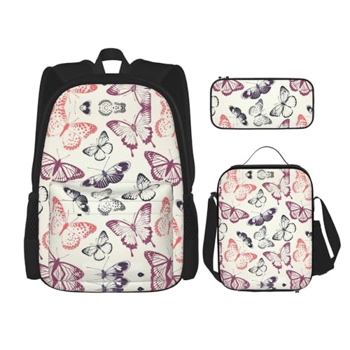 WURTON Schöner Schulter-Rucksack mit Schmetterlings-Druck, 3-in-1-Büchertaschen-Set, Lunchbox, Federmäppchen, Reise-Laptop-Tagesrucksäcke, Schwarz, Einheitsgröße