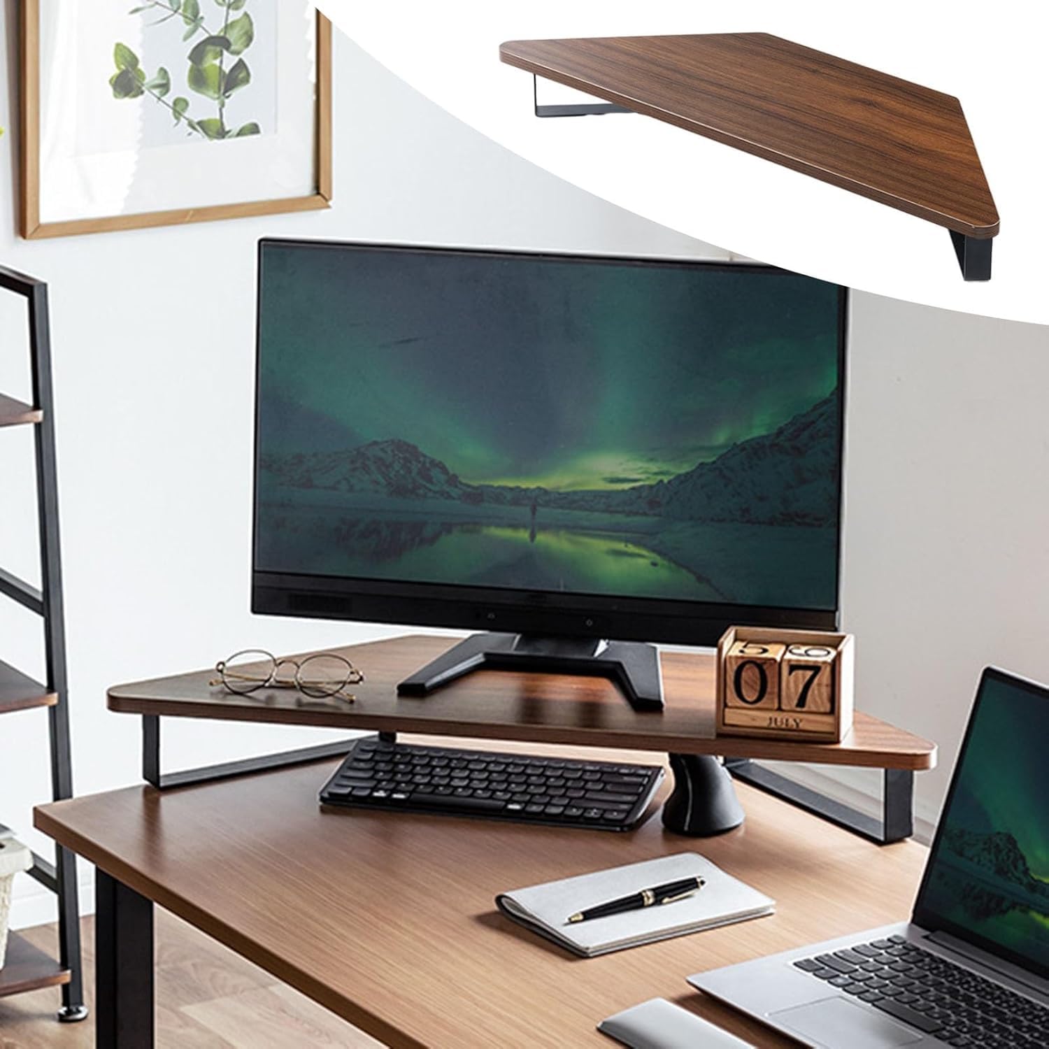 3,5" hoher Eck-Monitorständer, universeller dreieckiger Büro-Desktop-Ständer mit Metallstütze und Rutschfester Matte, Schreibtisch-Organizer-Regal für Arbeitszimmer