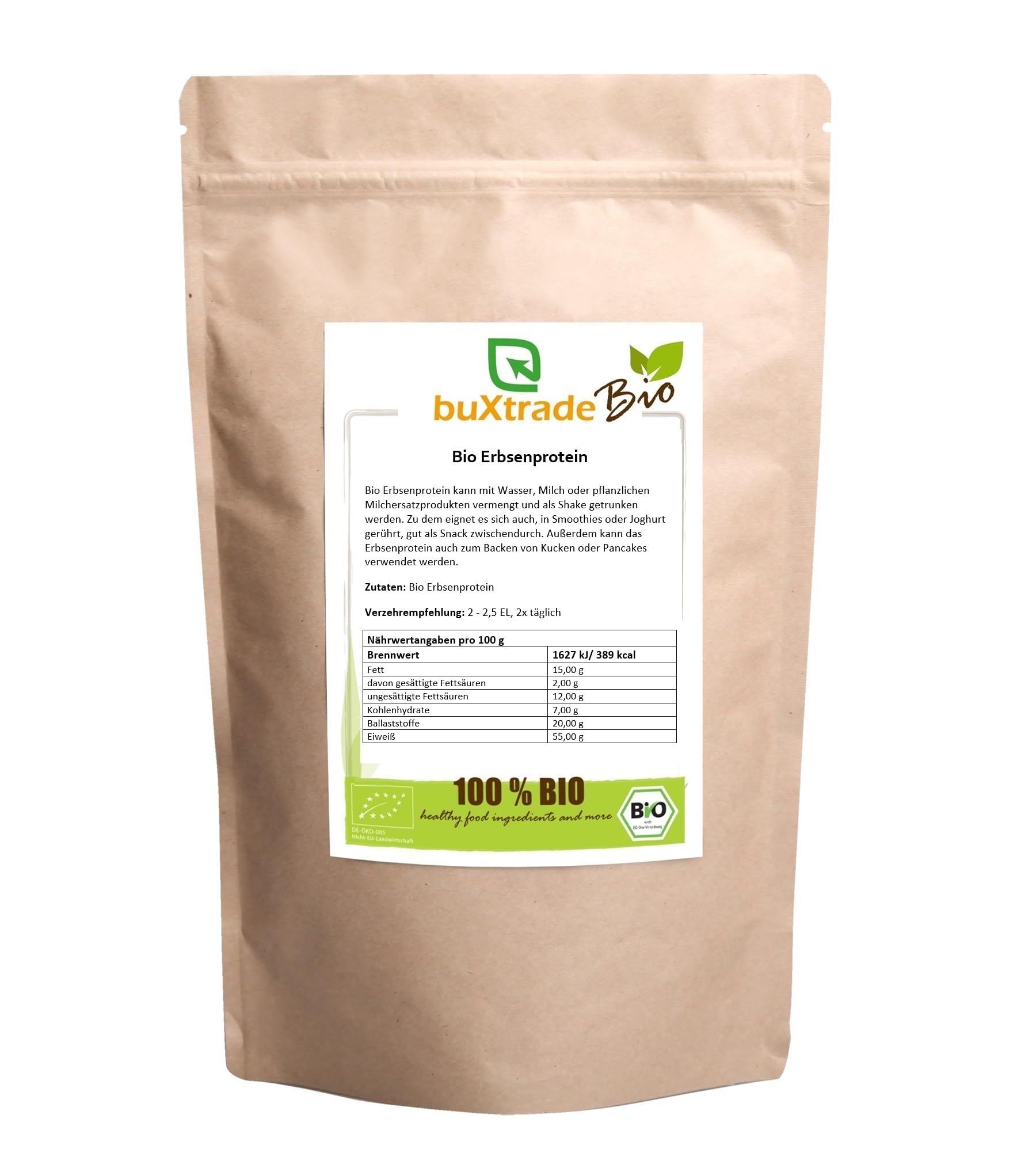 2 kg Bio Erbsenprotein | Erbsenprotein Pulver | Proteine | Buxtrade | BIO