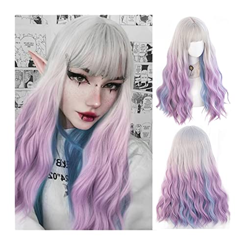 Perücke für Frauen Lange gewellte lockige Synthetikperücke mit Pony, mehrfarbige gewellte Lolita-Cosplay-Perücke, silberweißer Verlauf lila blau hitzebeständige Synthetikperücke Human Hair Wig