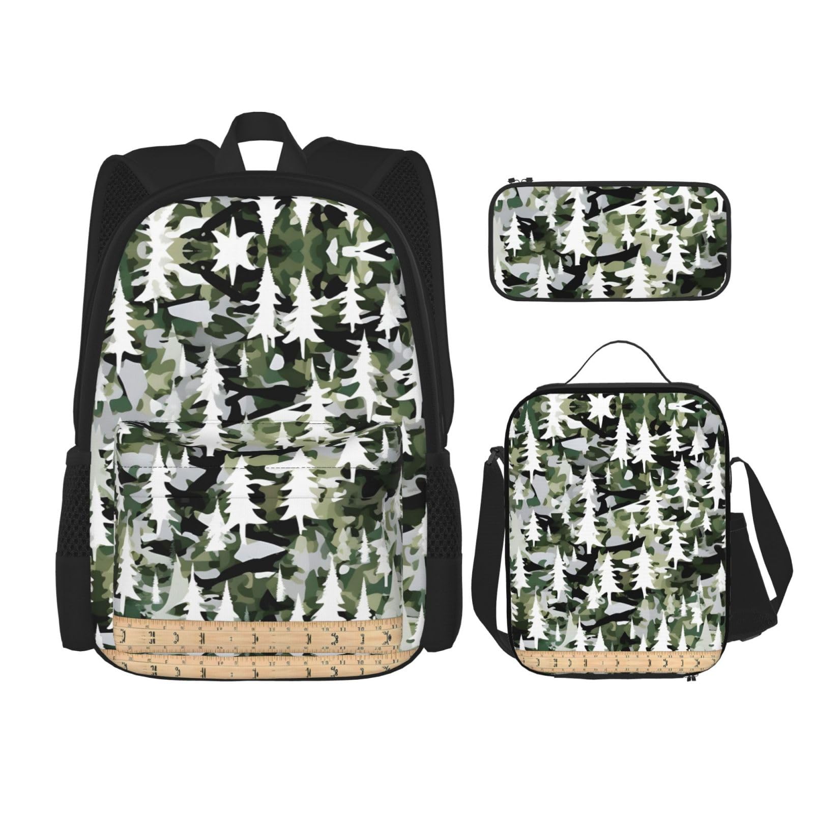 WURTON Weiße Bäume Camo Print Lunchbox Federmäppchen Rucksack Set 3 Stück Verstellbare Träger Langlebig Leicht, Schwarz, One Size