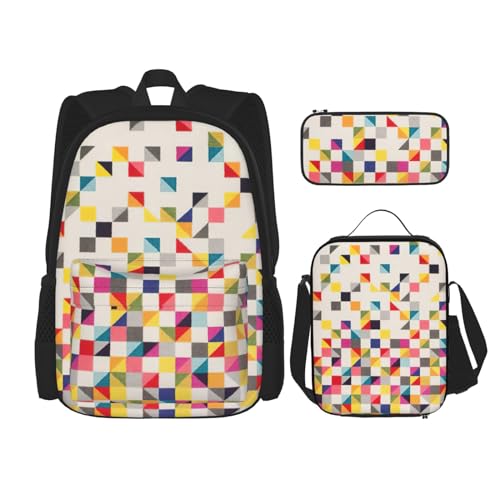 WURTON Schulrucksack, dreieckig, geometrischer Druck, 3-in-1, Büchertasche, Set mit Lunchbox, Federmäppchen, Reise, Laptop, Tagesrucksack