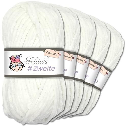 Frida`s #Zweite Wolle 5 x 100g Chenille Wolle Garn Amigurumi Stricken & Häkeln weich (01 - Schneeweiß)