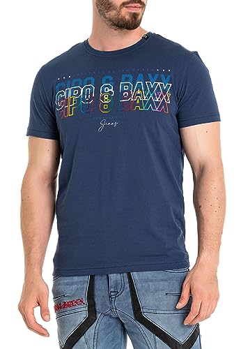 Cipo & Baxx Herren Slim Fit T-Shirt Logo Print Freizeitshirt Tops Baumwolle Rundhalskragen CT717 Dunkelblau XXL