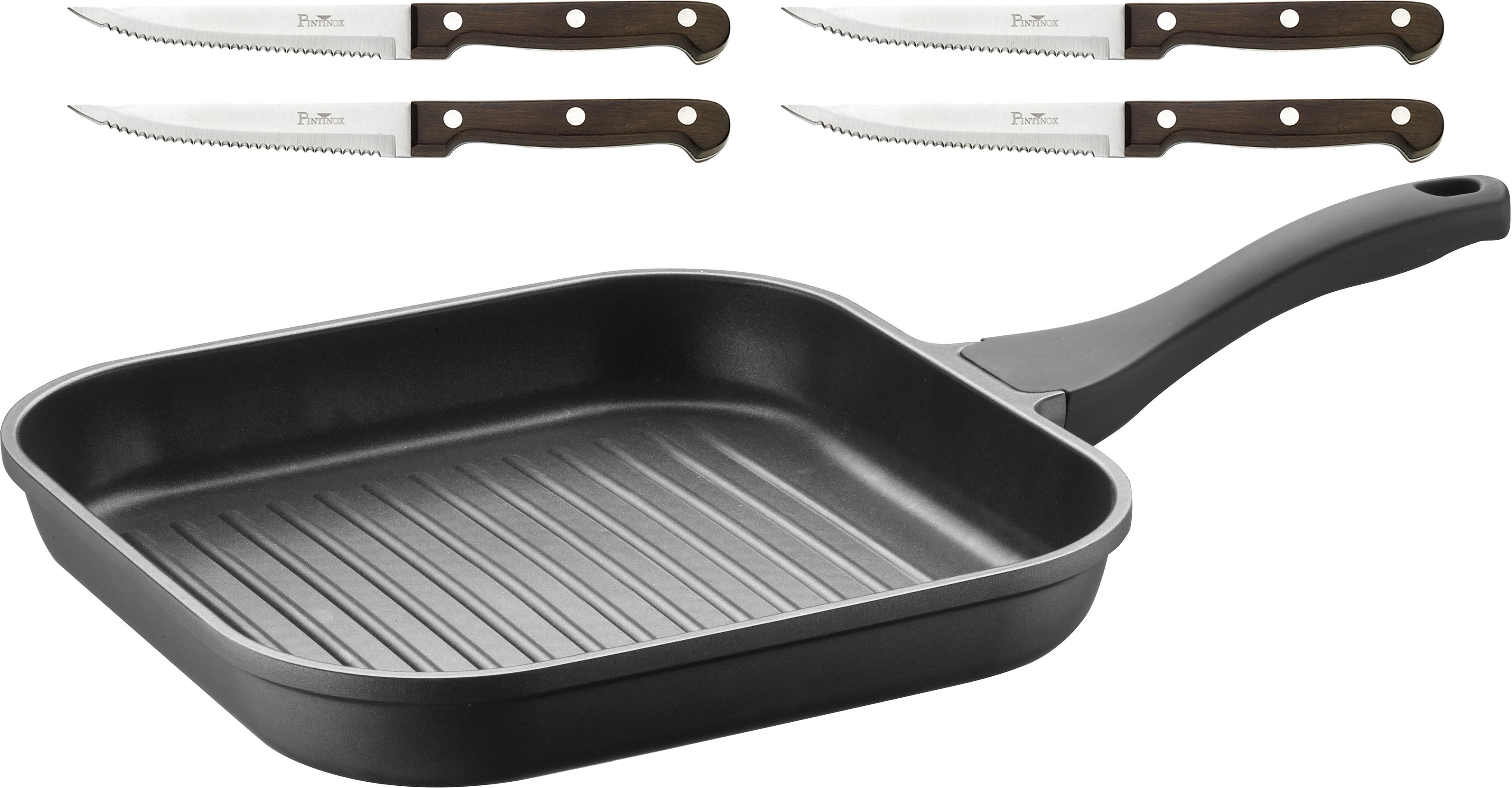 PINTINOX Grillpfanne "Pro", Aluminium, (Set, 5 tlg.), 3-lagige Antihaftbeschichtung, inkl. 4 Steakmessern, Induktion