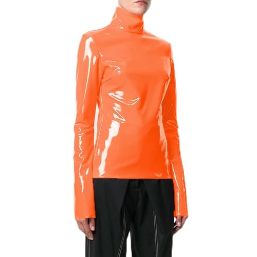 Langarm-T-Shirts mit hohem Ausschnitt aus PU-Leder für Damen, Leder, PVC-Oberteile, Pole-Dancing-Kleidung, Orange, 6XL