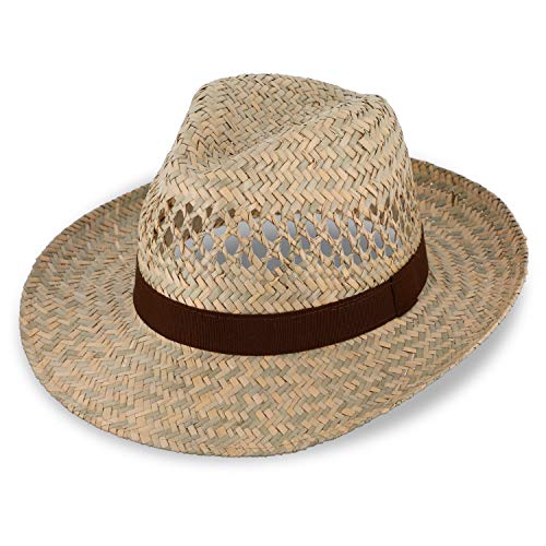 fiebig Strohhut Fedora mit braunem Ripsband | Sonnenhut für Herren & Damen aus 100% Stroh | Made in Italy | Sommerhut in vielen Größen | Farbe Natur (55-S)