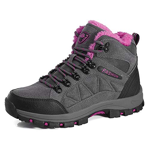 LiYa Wanderschuhe Trekking Schuhe Herren Damen Wasserdicht Winterschuhe Warm Gefüttert Winter Outdoor Boots Wander Stiefel, Grau/Pink, 39 EU