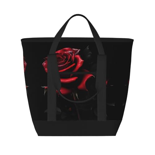 YQxwJL Isolierte Kühltasche mit rotem und Rosen-Aufdruck, großes Fassungsvermögen, Einkaufstasche, Reisetasche, Strand, wiederverwendbare Einkaufstasche für Erwachsene, Schwarz, Einheitsgröße