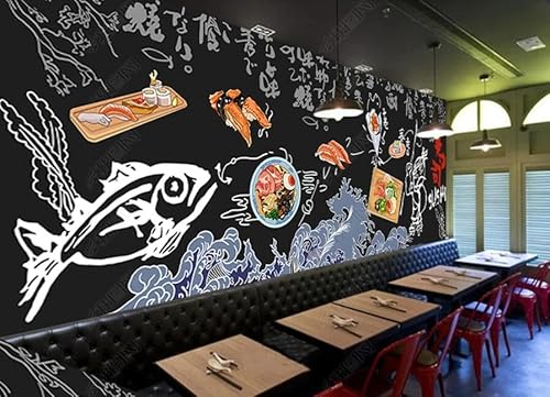 tyujlkjddlf Tapete Wandbild 3D Benutzerdefinierte Handbemalte Schwarze Küche-Sushi-Restaurant-Hintergrundwand-450Cmx300Cm