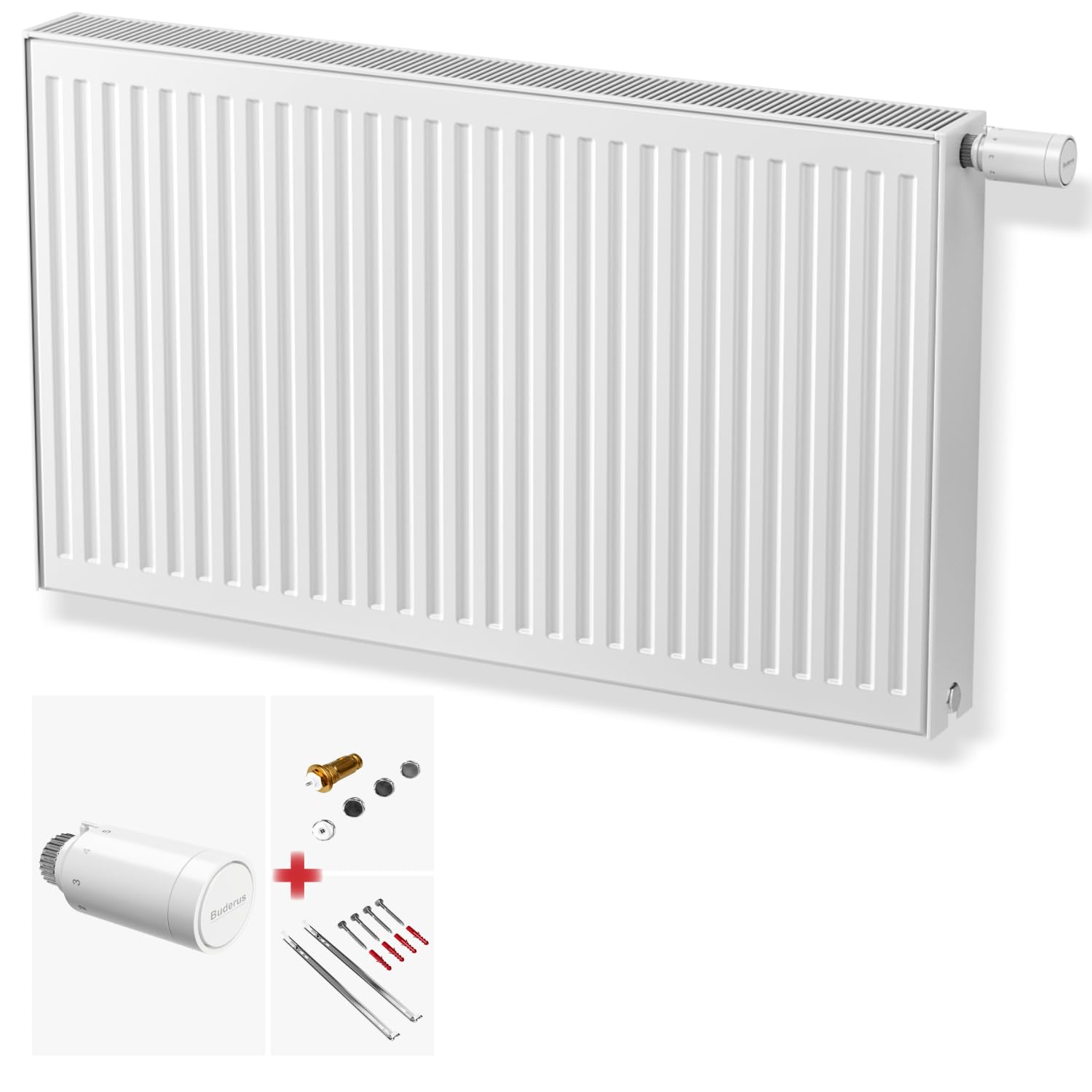 DESIGNO Universalheizkörper Kompakt & Ventilheizkörper Typ 22 -BH-400 x BL-1200 | inkl. Buderus Thermostatkopf - Ventil - Montagezubehör | Wärmeleistung 1.529 Watt