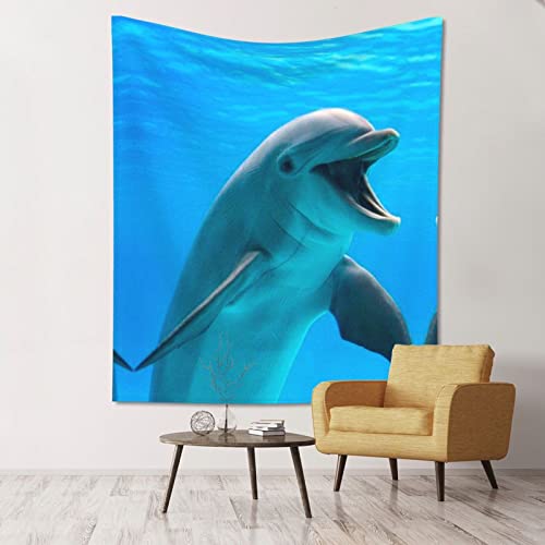 Happy Delphin Wandteppich: 152,4 x 130,9 cm Wandbehang Schlafzimmer Wohnzimmer Stoff Heimdekoration Ästhetik Wandteppich.