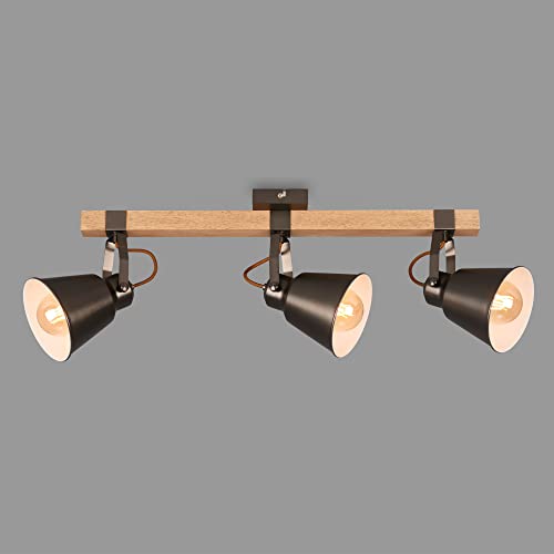 Briloner Leuchten – Deckenlampe retro mit Holzbalken, 3-flammige Deckenleuchte vintage, E27 Fassung max. 40 Watt, verstellbare Lampenschirme, rustikaler Deckenspot, Grau-Holz