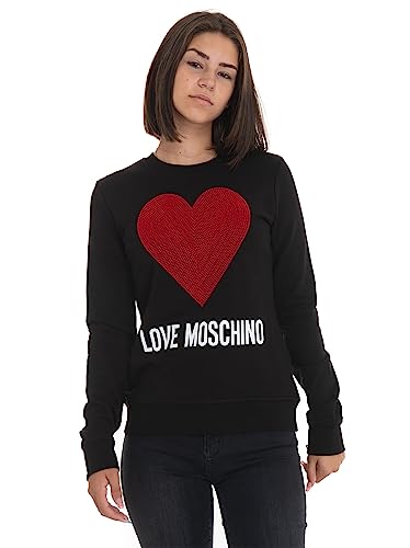 Love Moschino Women's Slim fit Roundneck Long-Sleeved Maxi Heart with Embroidered Flock Sequins and Logo Water Print Sweatshirt, Black, 46