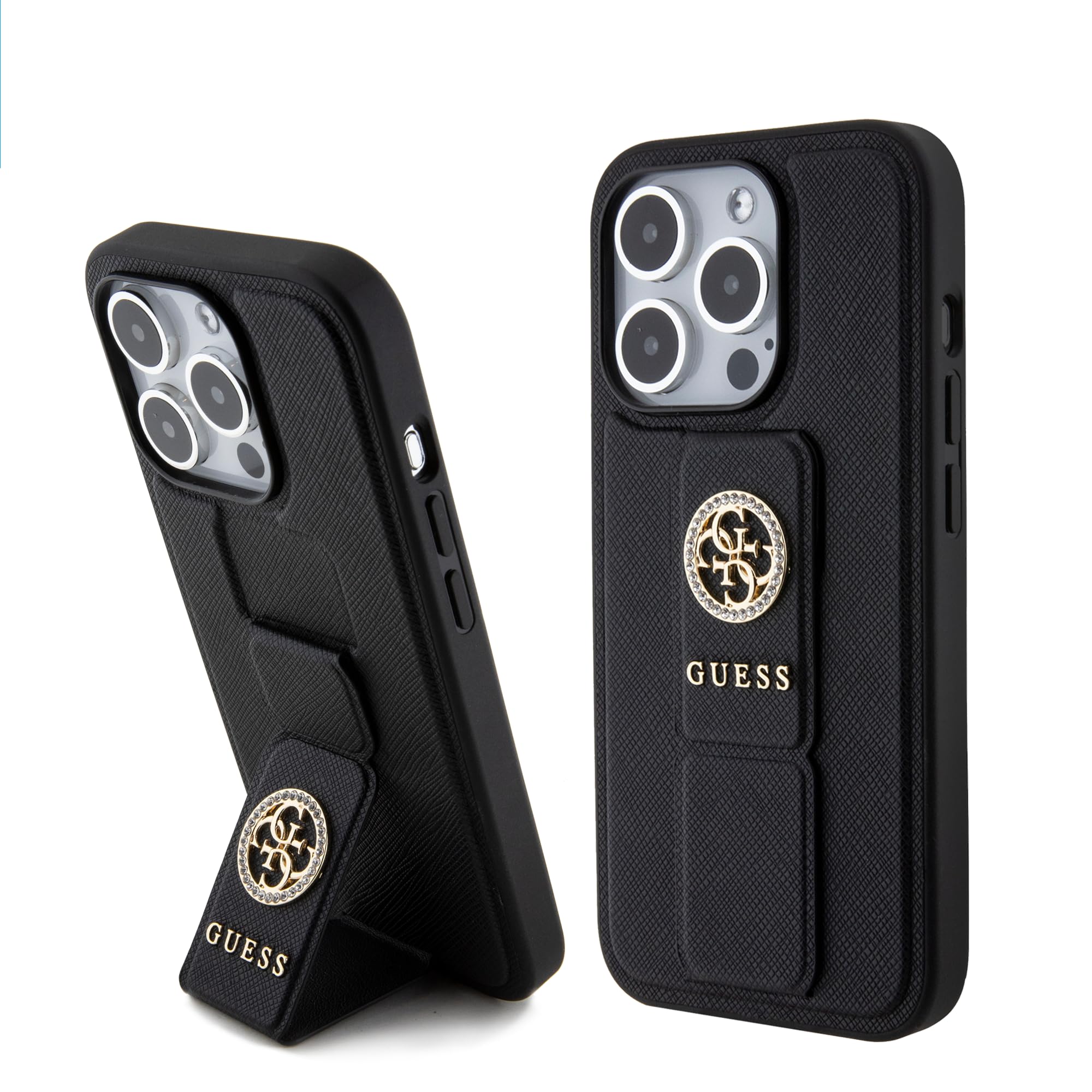 CG MOBILE Guess Gripstand SAFFIANO Hülle für iPhone 15 Pro (schwarz)