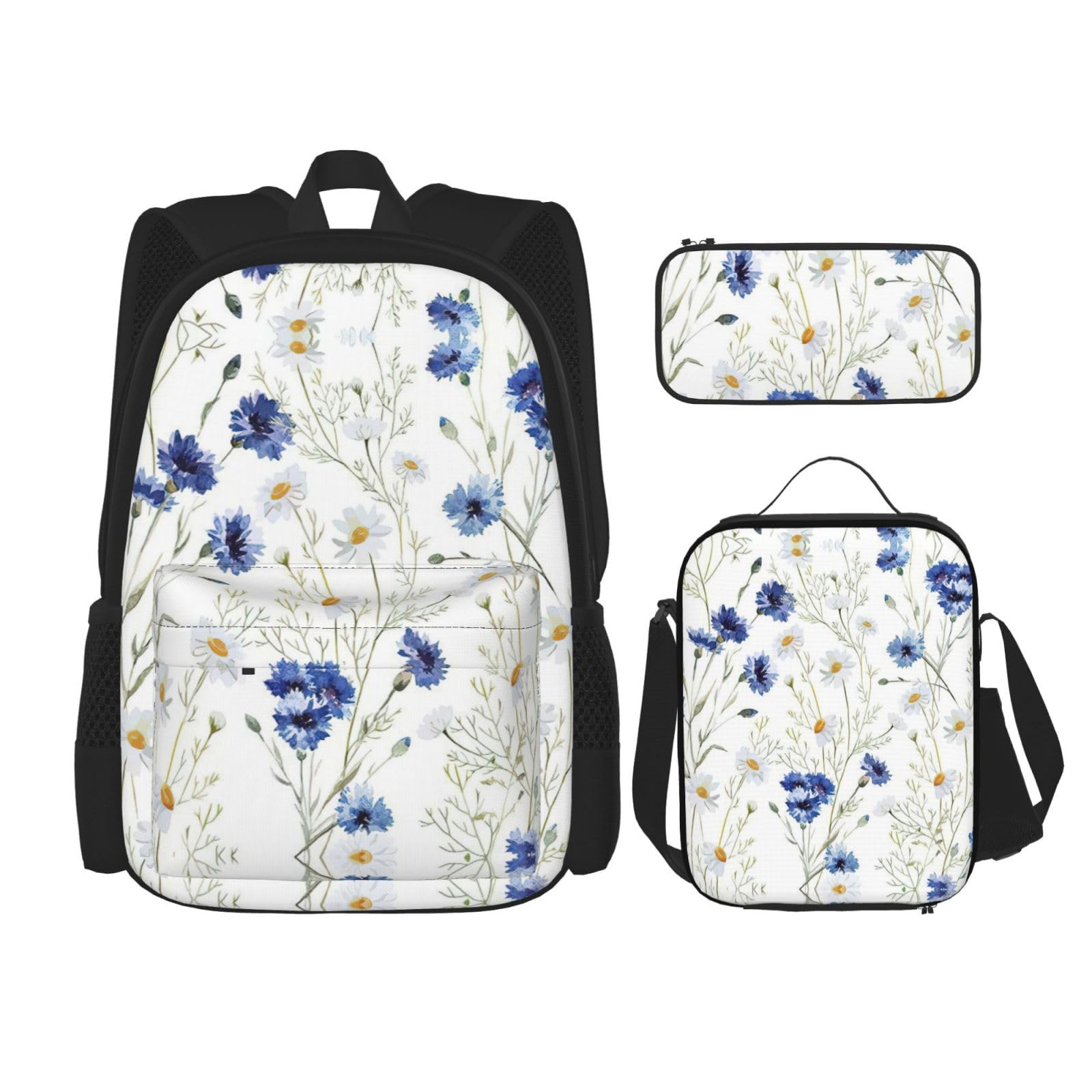 WURTON Rucksack-Set, Motiv: Wildblumen und Kornblumen, Gänseblümchen, verstellbare Schultergurte, Rucksack-Set, Lunch-Tasche, Federmäppchen, Kombinationstaschen-Set