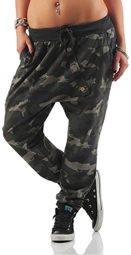 Mississhop 165 Damen Hose Sweatpants Camouflage Militär Print Jogginghose Freizeithose Boyfriend Baggy Pumphose Gummibund Tarnmuster Graphit