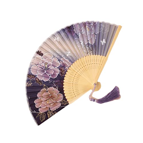 Faltbare Fans in Seide Stoff Handventilator mit Quasten Exquisite Muster Bambusfans für Cosplay Hochzeit Requisiten Dekoration (Farbe: lila) (lila)