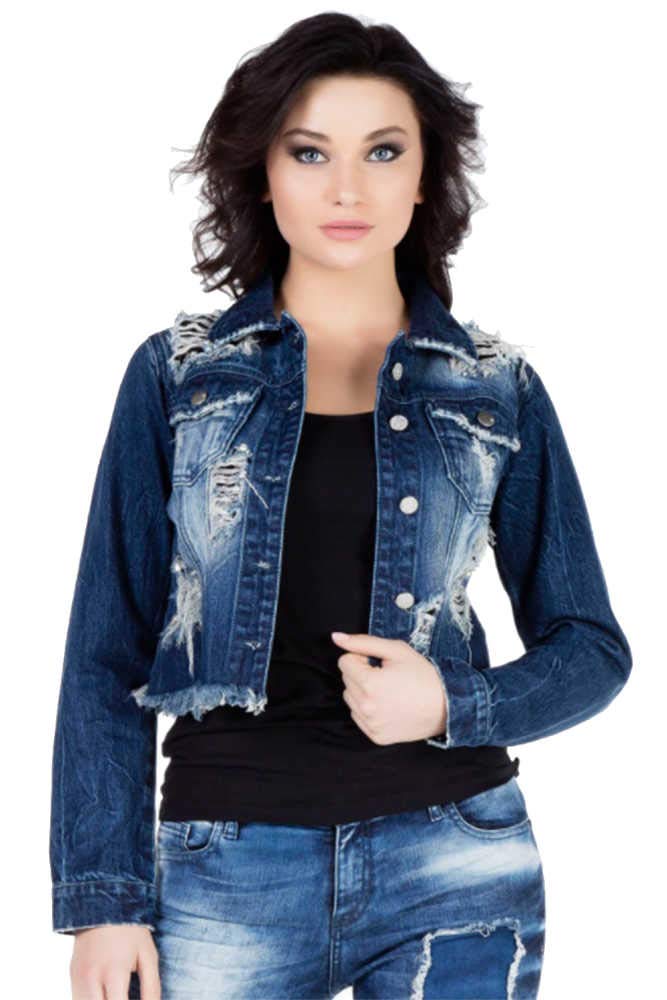 Cipo & Baxx Damen Jeansjacke Used Kurzgeschnitten Fransen Freizeitjacke Denim Auffällige Waschung Blau M