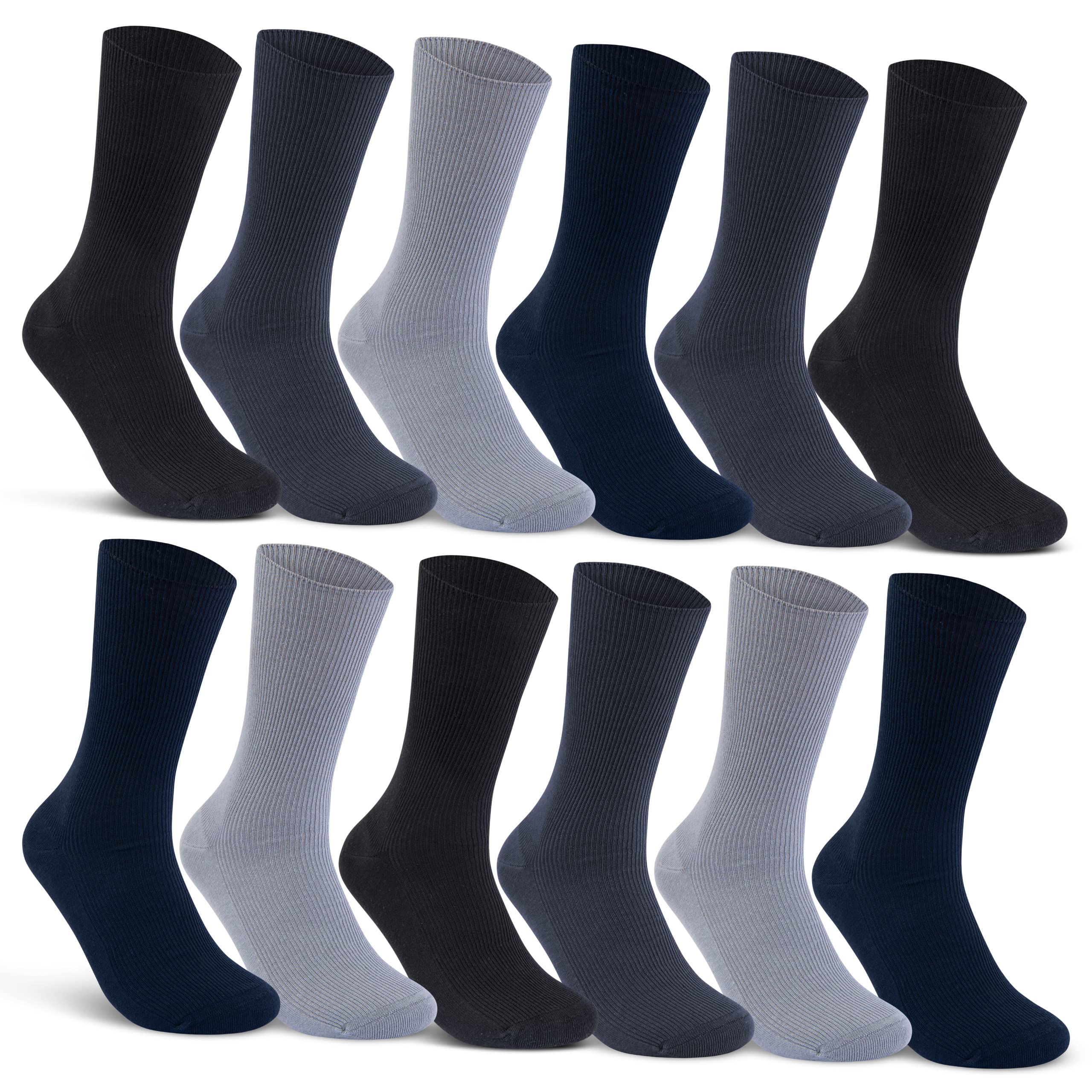 12 Paar Socken ohne Gummidruck 100% Baumwolle Damen & Herren Diabetiker Socken 11000 WP (43-46, Schwarz/Blau/Grau)