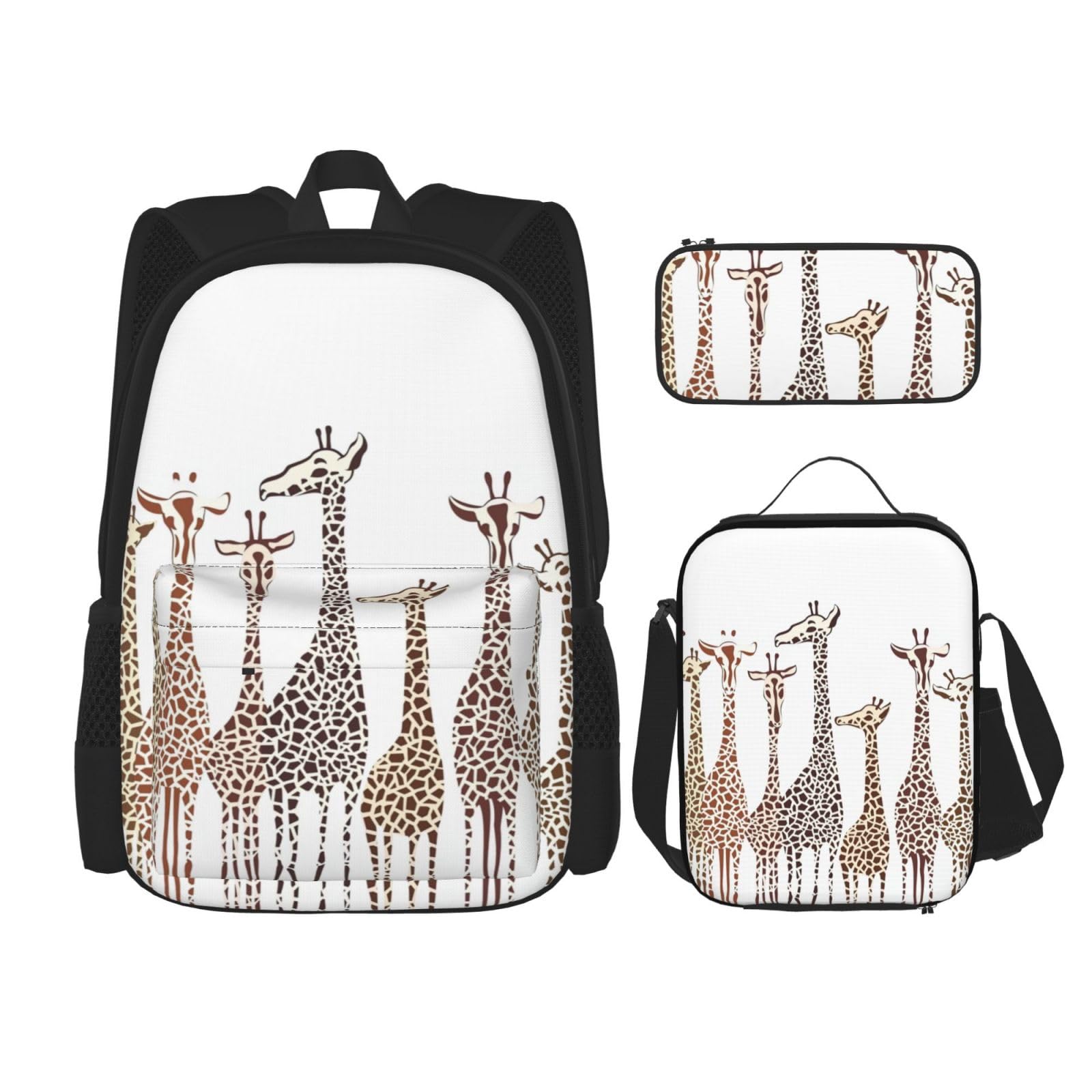 WURTON Niedlicher Cartoon-Giraffen-Druck, 3-in-1-Sets, lässig, verstellbar, Schulter-Rucksack, Lunch-Tasche, Federmäppchen, Beutel, Schwarz, Einheitsgröße