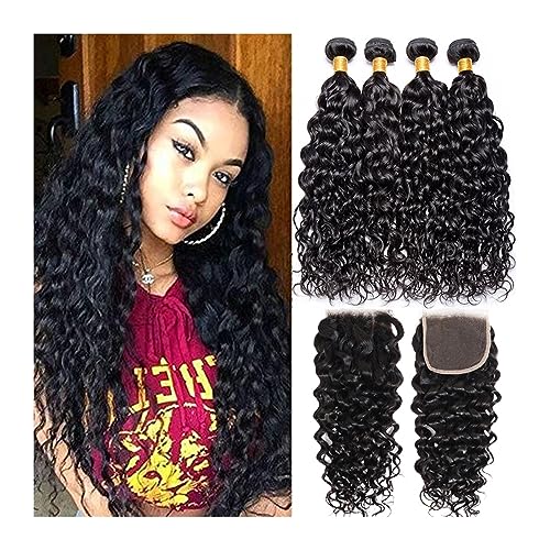 Human Hair Bundles 12A brasilianisches Echthaar, gewellt, gewellt, mit Verschluss, nass und gewellt, nass und gewellt, lockiges Echthaar, Bündel mit Verschluss human hair weave (Size : 20 20 22 with