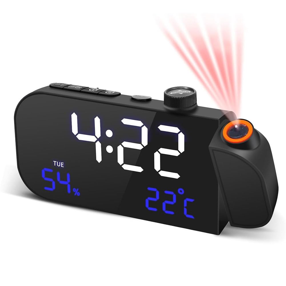 Yunnaty Projektionswecker mit FM-Radio Fürs Schlafzimmer, 270° Drehbare Digitaluhr, Großes 7-LED-Display, Alarme