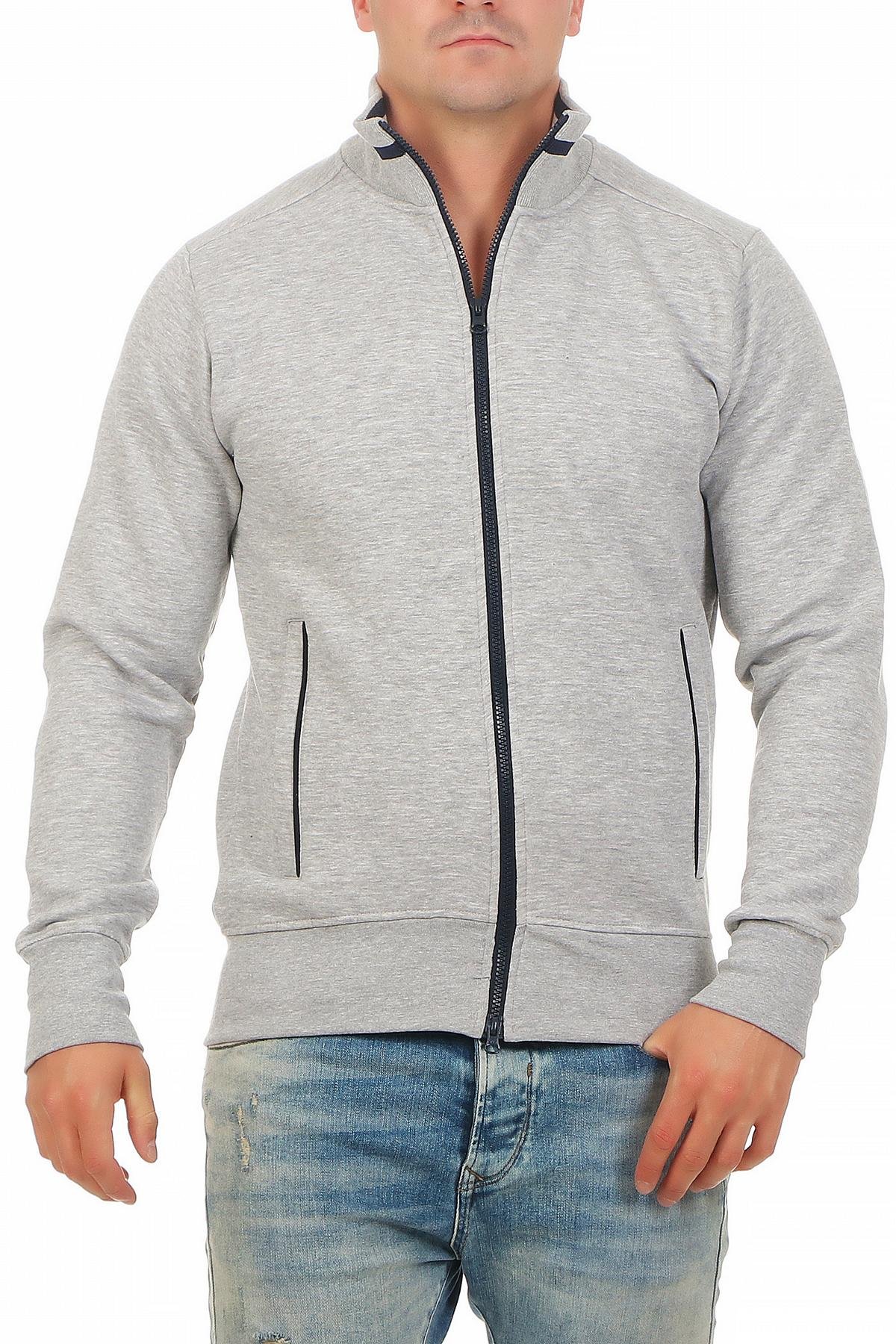 Happy Clothing Herren Sweatjacke sportlich ohne Kapuze - gestreifte Trainingsjacke - Sweatshirtjacke - Zip-Jacke Reißverschluss mit Kragen, Größe:3XL, Farbe:Grau meliert