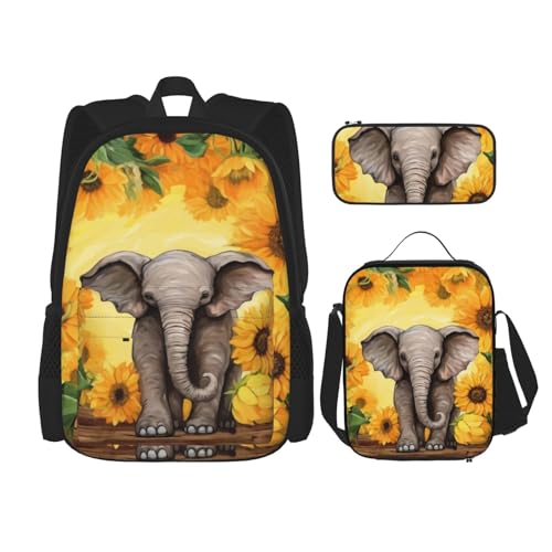 DENMER Mehrzweck-Schultasche mit Sonnenblumen-Elefant, Holzboden, mit passendem Federmäppchen und Lunchtasche, stilvolle All-in-One-Lösung