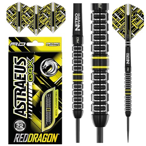 RED DRAGON Astraeus Q4X Paralleles 22 Gramm Premium Wolfram Steeltip Dart Set mit Flights und Schäften