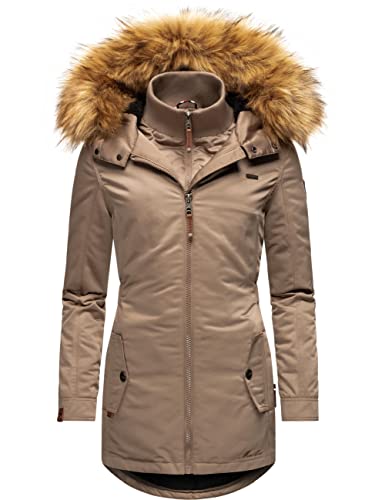 MARIKOO Damen Wintermantel Winterparka mit abnehmbarem Kunstfell Sanakoo Taupe Gr. XL