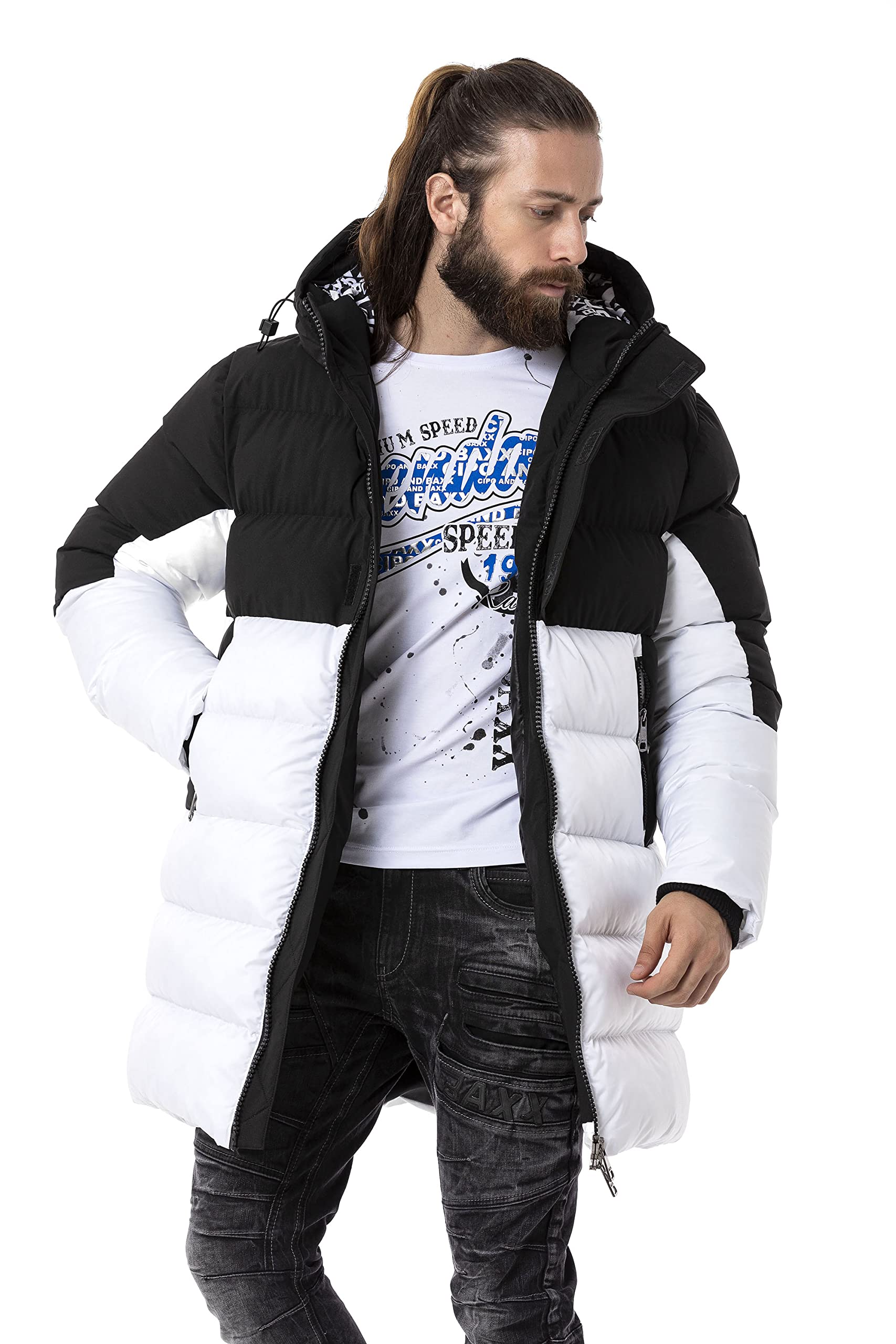 Cipo & Baxx Herren Steppmantel Jacke Winterjacke Parka mit Verstelbarer Kapuze CM206 Schwarz 3XL