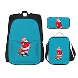 WURTON Niedlicher Weihnachtsmann-Druck, trendiger Rucksack, Tasche, Lunchbox und Federmäppchen, 3-in-1, verstellbares Rucksack-Set, Schwarz , Einheitsgröße