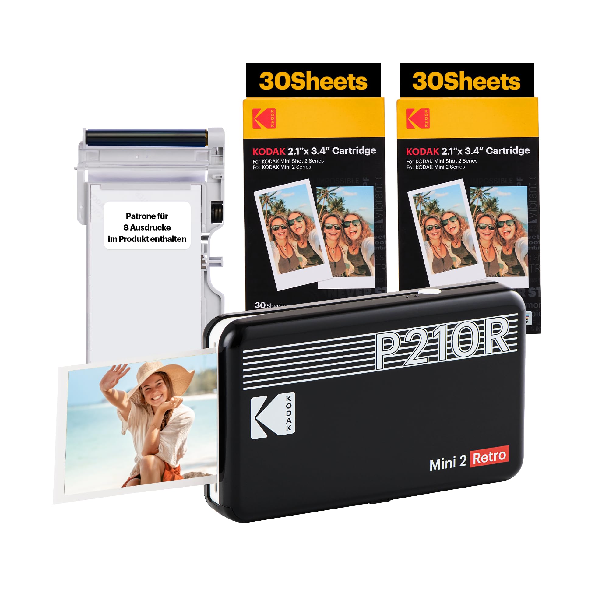 KODAK Mini 2 Retro 4PASS Mobiler Fotodrucker (5,3x8,6cm) - Paket met 68 Blatts, Schwarz