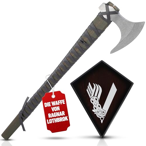 KOSxBO Wikinger Axt - Ragnar Lothbroks Kriegsaxt - Kampfaxt Vikinger - Streitaxt Metall - 63 cm Deko Wikinger Kampfaxt mit Schild aus Holz