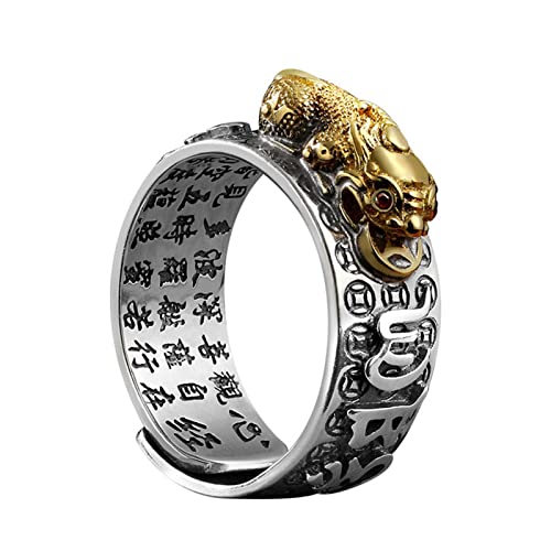 Glücksring, Feng Shui Pixiu-Ring, verstellbare Öffnung, S925-Sterlingsilber, Vintage-Ring, Amulett, Mantra, doppelter Schutzring for Reichtum, Liebe, Gesundheit, Gold 1, verstellbar ( Color : Gold , S