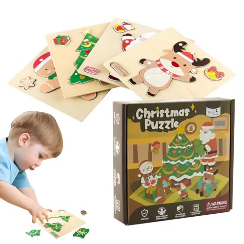 Takluu Weihnachtspuzzle für Kleinkinder,Weihnachtspuzzle für Kleinkinder, Sicherheits-Holzpuzzles für Vorschulkinder, Weihnachtsstrumpf-Geschenke, Mitbringsel, Greiffähigkeit, Hand-Augen-Koordination