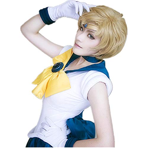 LINLINCD-Vsailor Moon Sailor Uranus Tenoh Haruka Perücke Cosplay Kostüm Kurzes Leinen Blondes hitzebeständiges synthetisches Haar Perücken + Haarnetz